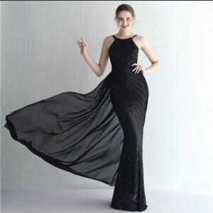 Black, O Neck Sleeveless,  Detachable Skirt, Contrast Sequined Mermaid G…